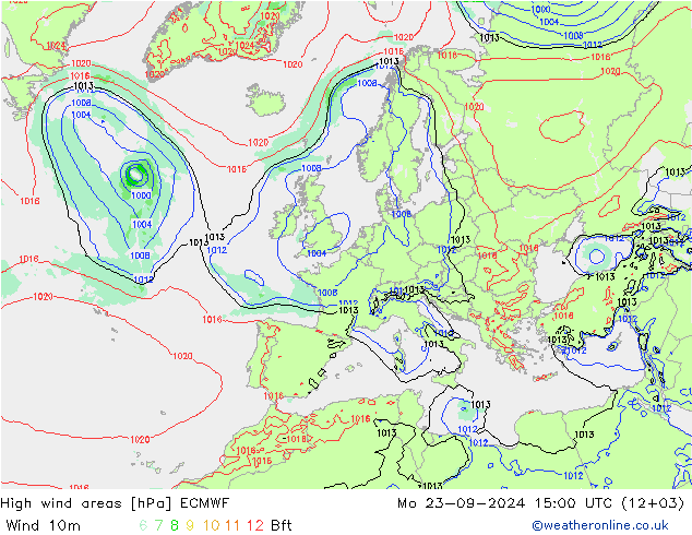 High wind areas ECMWF lun 23.09.2024 15 UTC