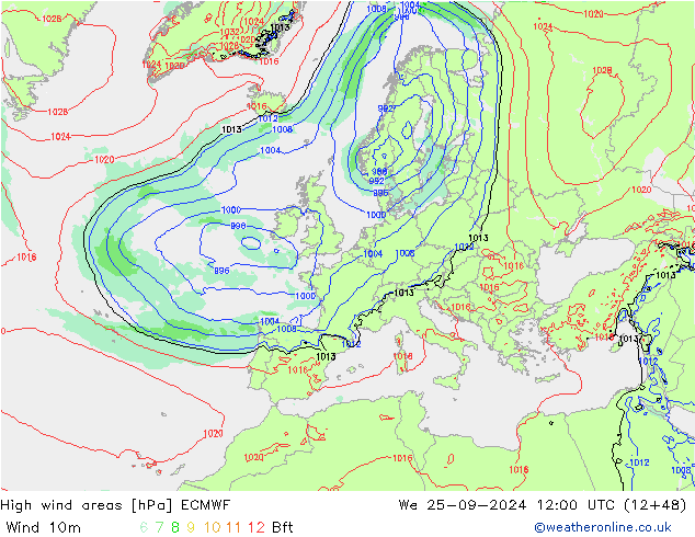 High wind areas ECMWF Qua 25.09.2024 12 UTC