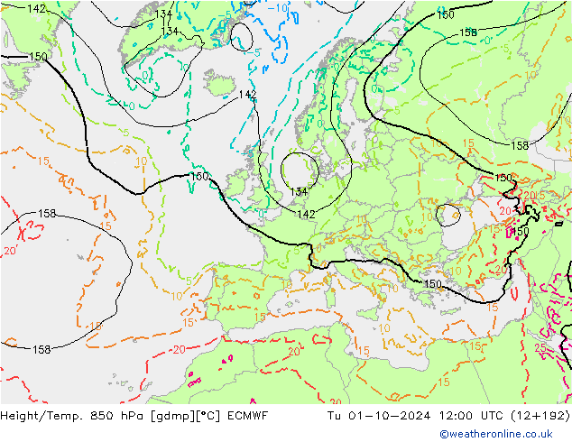 Hoogte/Temp. 850 hPa ECMWF di 01.10.2024 12 UTC