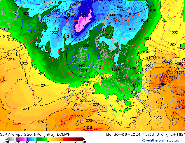 SLP/Temp. 850 hPa ECMWF Mo 30.09.2024 12 UTC