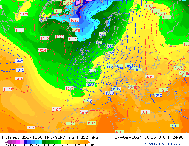 Dikte 850-1000 hPa ECMWF vr 27.09.2024 06 UTC