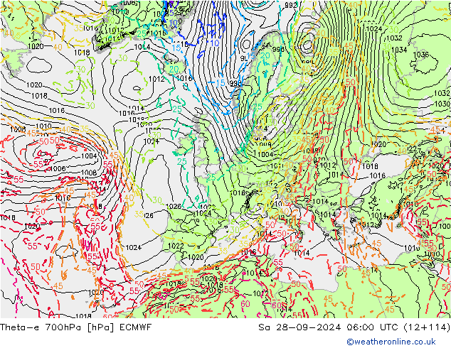 Theta-e 700hPa ECMWF Sa 28.09.2024 06 UTC