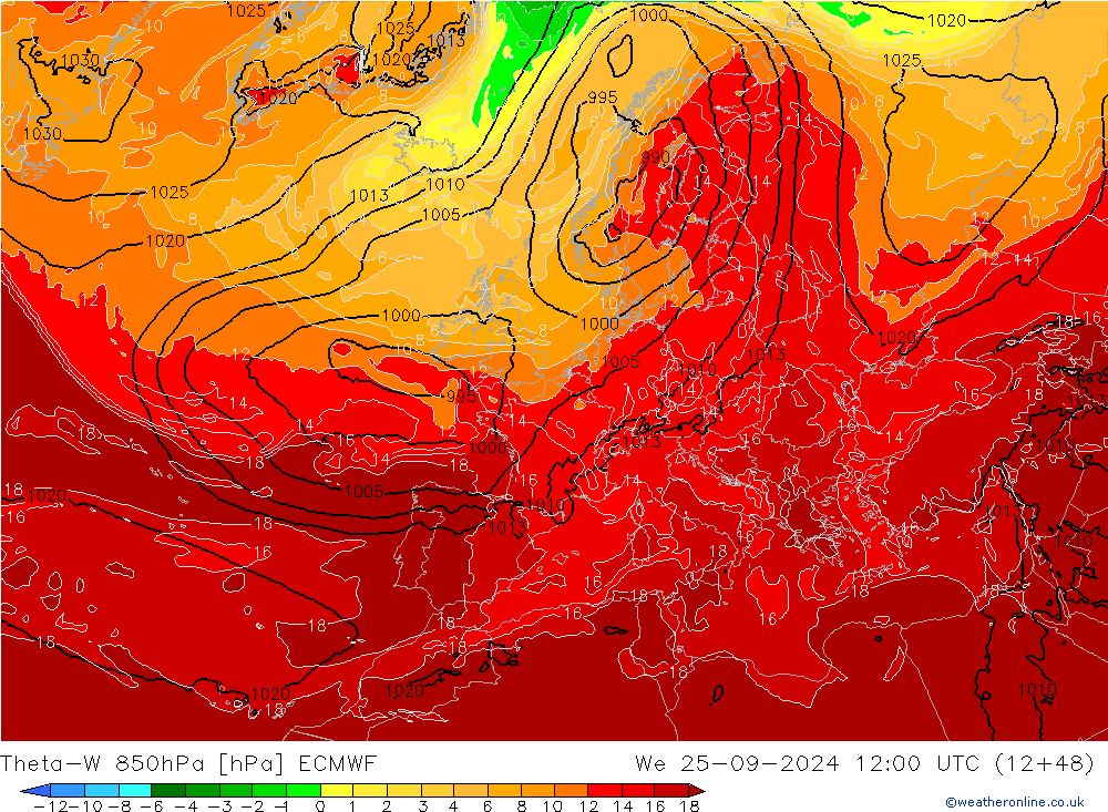 Theta-W 850hPa ECMWF Mi 25.09.2024 12 UTC