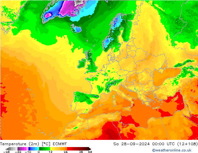 Temperatura (2m) ECMWF sab 28.09.2024 00 UTC