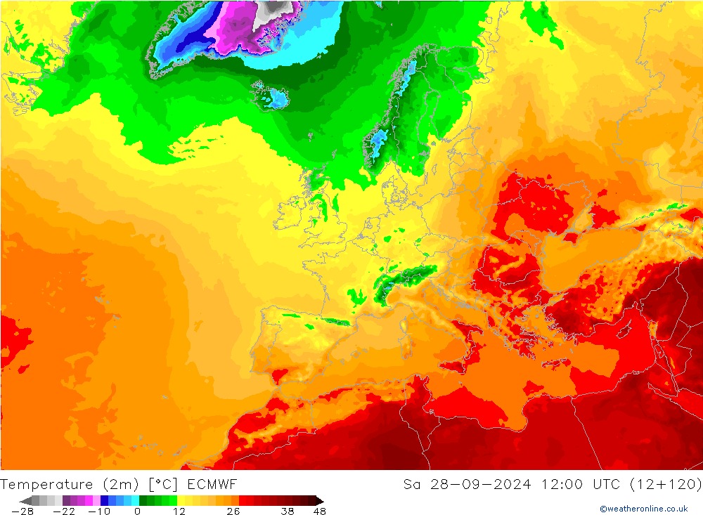 Temperatuurkaart (2m) ECMWF za 28.09.2024 12 UTC