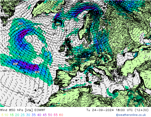 wiatr 850 hPa ECMWF wto. 24.09.2024 18 UTC