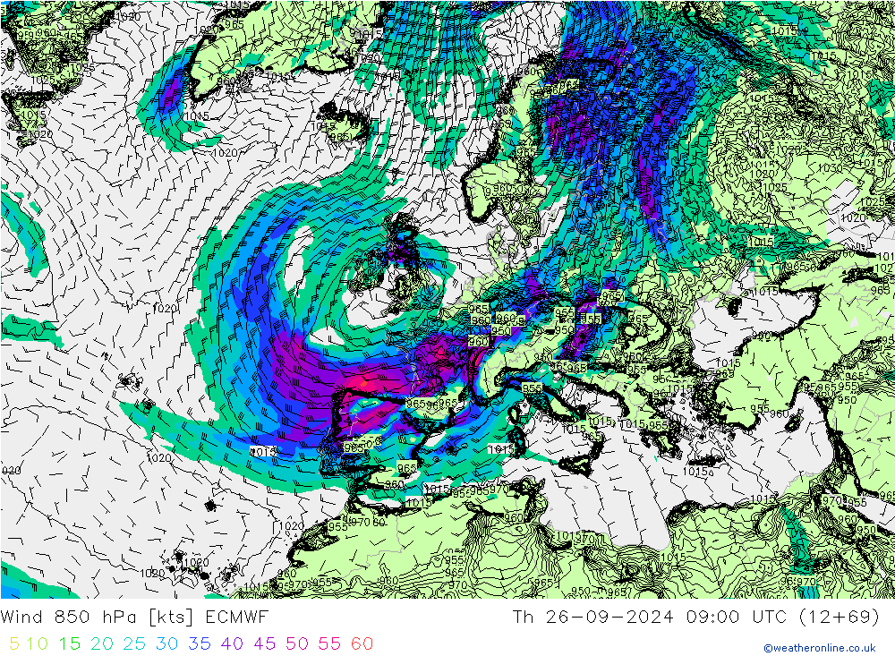 Viento 850 hPa ECMWF jue 26.09.2024 09 UTC