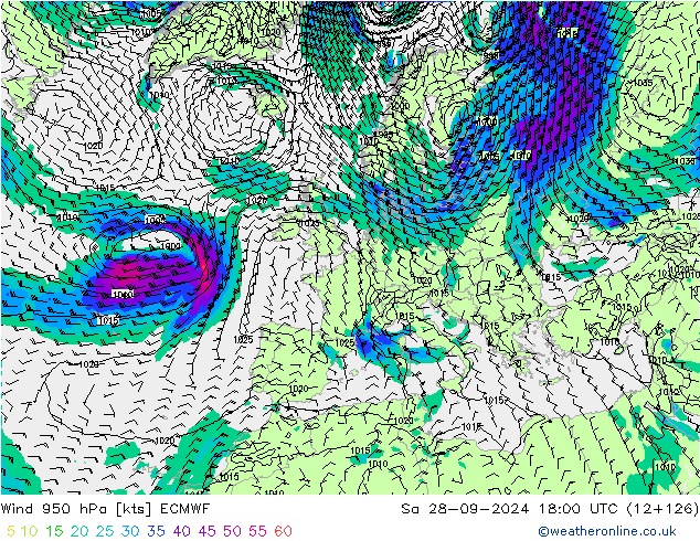 Viento 950 hPa ECMWF sáb 28.09.2024 18 UTC