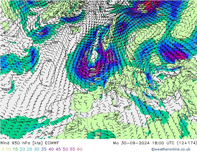 Wind 950 hPa ECMWF Mo 30.09.2024 18 UTC