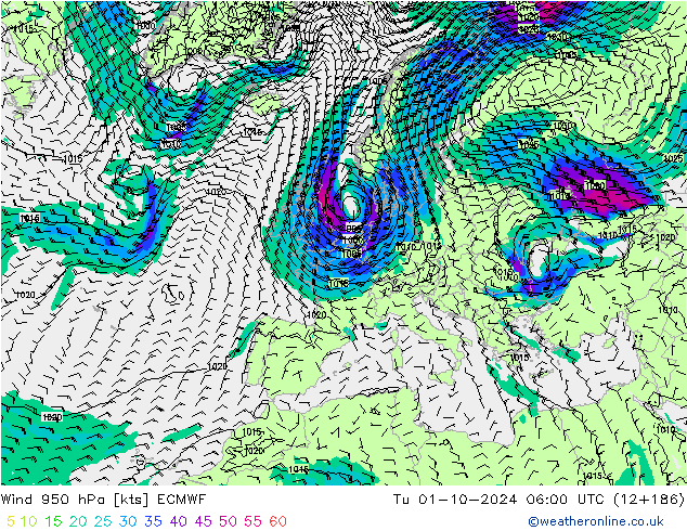 Wind 950 hPa ECMWF Di 01.10.2024 06 UTC