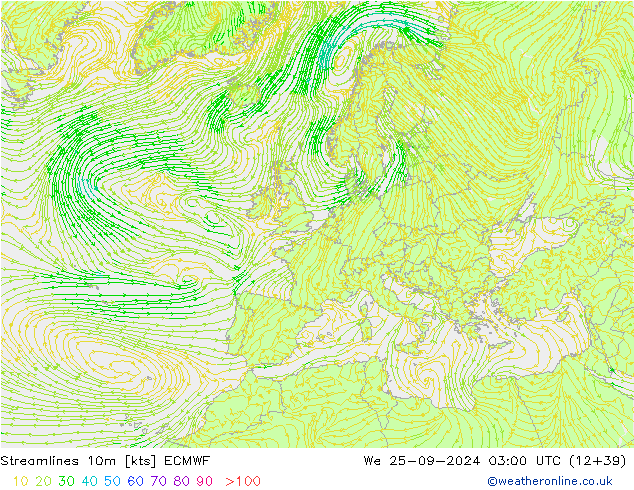 Linea di flusso 10m ECMWF mer 25.09.2024 03 UTC