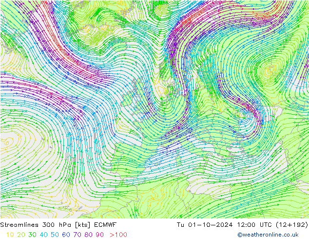 ветер 300 гПа ECMWF вт 01.10.2024 12 UTC