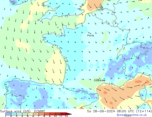 Vento 10 m (bft) ECMWF sab 28.09.2024 06 UTC