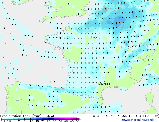 Precipitación (6h) ECMWF mar 01.10.2024 12 UTC