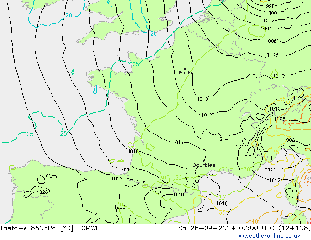 Theta-e 850hPa ECMWF sáb 28.09.2024 00 UTC