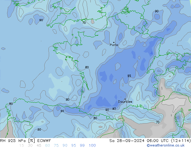 Humedad rel. 925hPa ECMWF sáb 28.09.2024 06 UTC