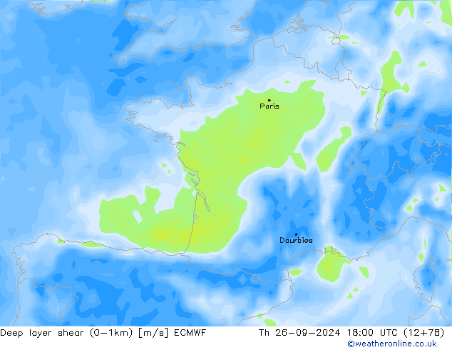 Deep layer shear (0-1km) ECMWF jeu 26.09.2024 18 UTC