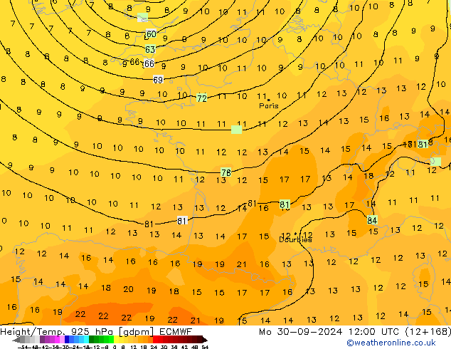 Geop./Temp. 925 hPa ECMWF lun 30.09.2024 12 UTC