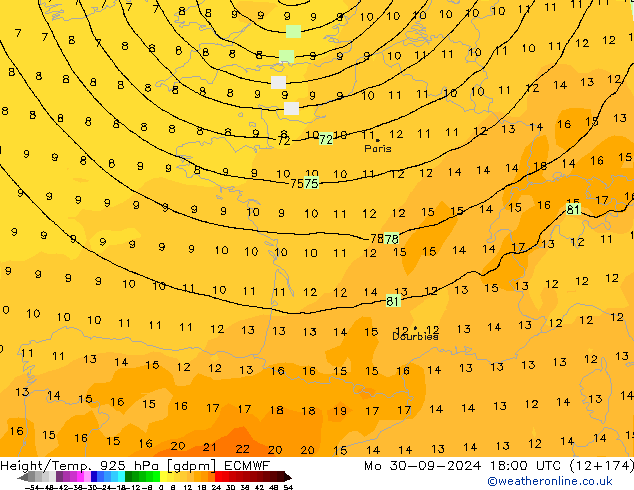 Height/Temp. 925 hPa ECMWF Mo 30.09.2024 18 UTC