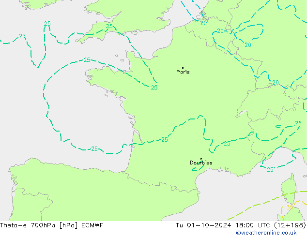 Theta-e 700hPa ECMWF Tu 01.10.2024 18 UTC