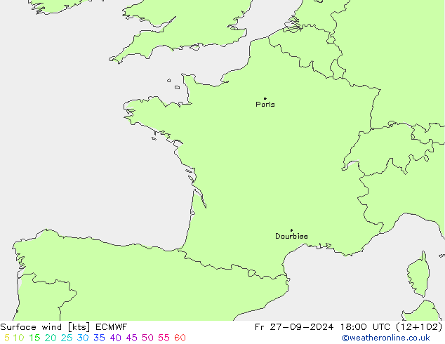 wiatr 10 m ECMWF pt. 27.09.2024 18 UTC