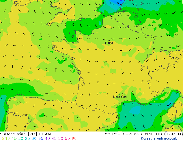 Vent 10 m ECMWF mer 02.10.2024 00 UTC