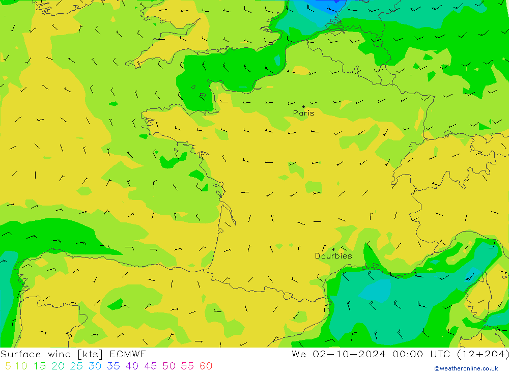 Viento 10 m ECMWF mié 02.10.2024 00 UTC