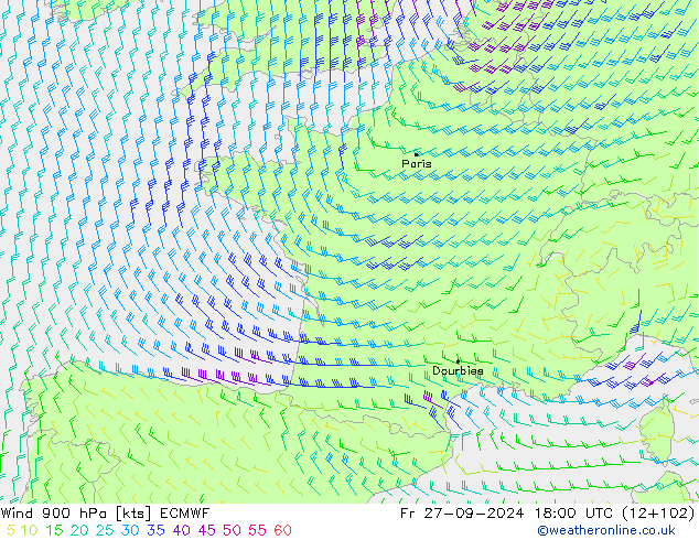 wiatr 900 hPa ECMWF pt. 27.09.2024 18 UTC