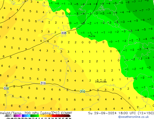 Height/Temp. 700 hPa ECMWF Ne 29.09.2024 18 UTC