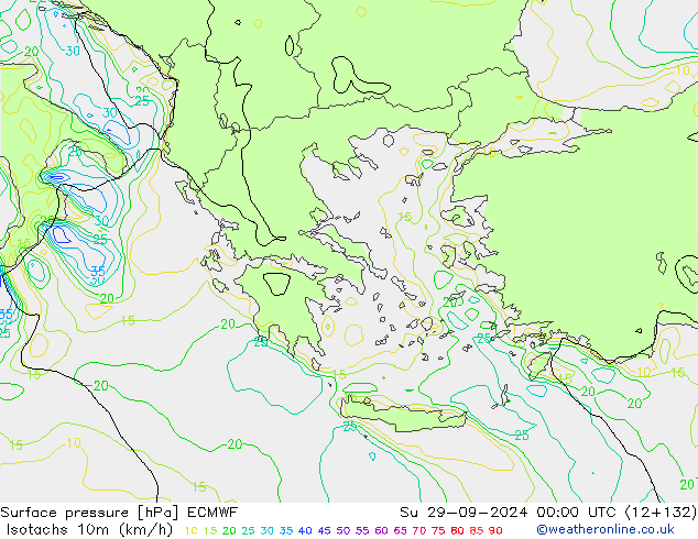 Izotacha (km/godz) ECMWF nie. 29.09.2024 00 UTC