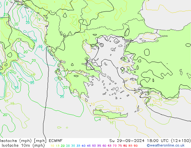 Isotachs (mph) ECMWF dom 29.09.2024 18 UTC