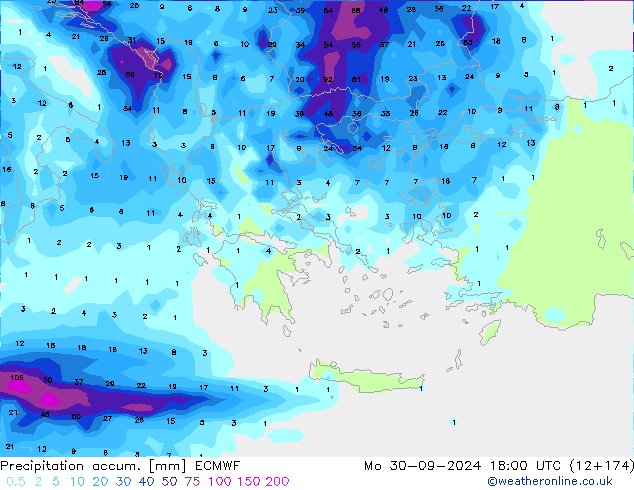 Precipitation accum. ECMWF Mo 30.09.2024 18 UTC