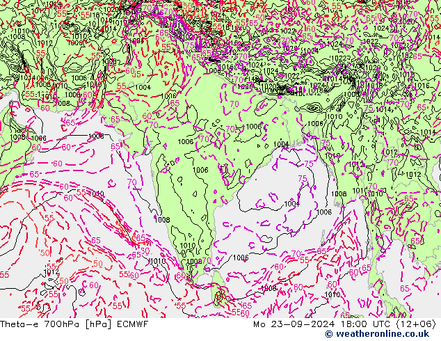 Theta-e 700hPa ECMWF Mo 23.09.2024 18 UTC