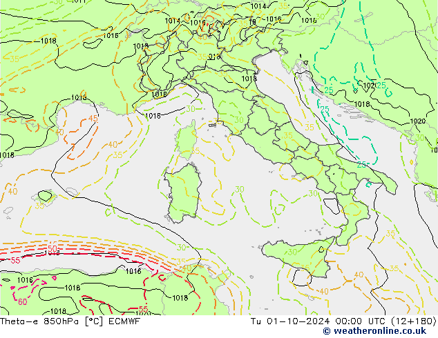 Theta-e 850hPa ECMWF Sa 01.10.2024 00 UTC