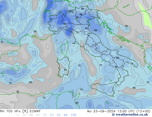 RH 700 гПа ECMWF пн 23.09.2024 12 UTC