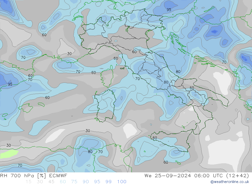 RH 700 hPa ECMWF We 25.09.2024 06 UTC