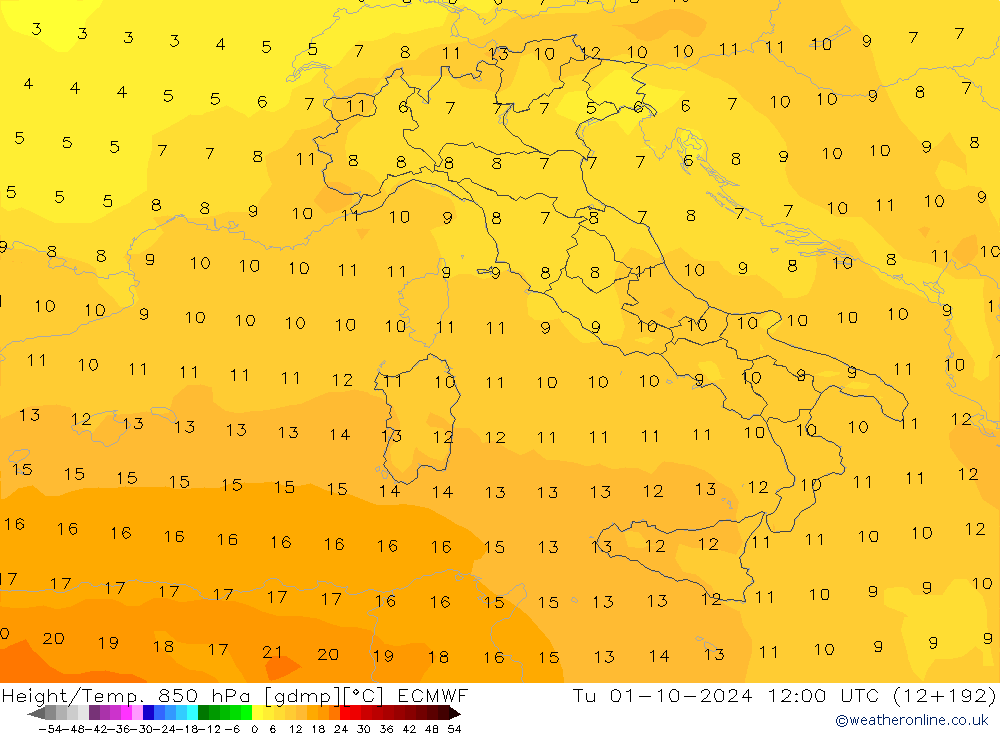 Height/Temp. 850 hPa ECMWF mar 01.10.2024 12 UTC