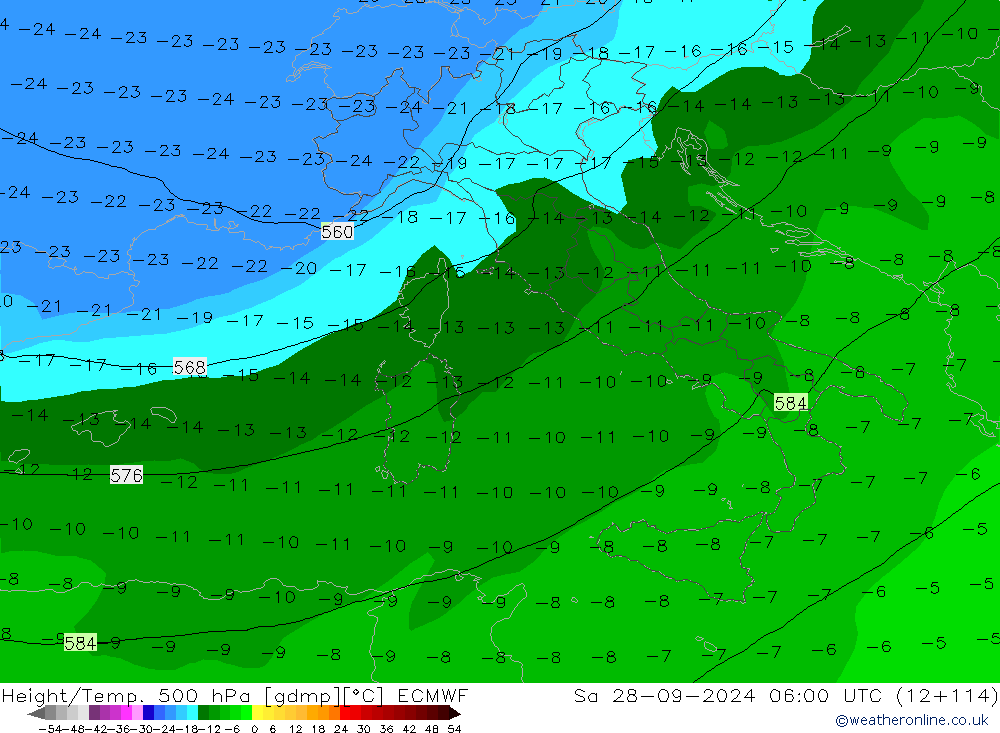 Height/Temp. 500 hPa ECMWF Sa 28.09.2024 06 UTC