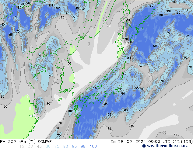 RH 300 hPa ECMWF Sa 28.09.2024 00 UTC