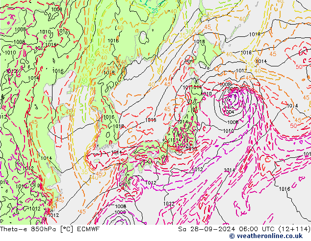 Theta-e 850hPa ECMWF so. 28.09.2024 06 UTC