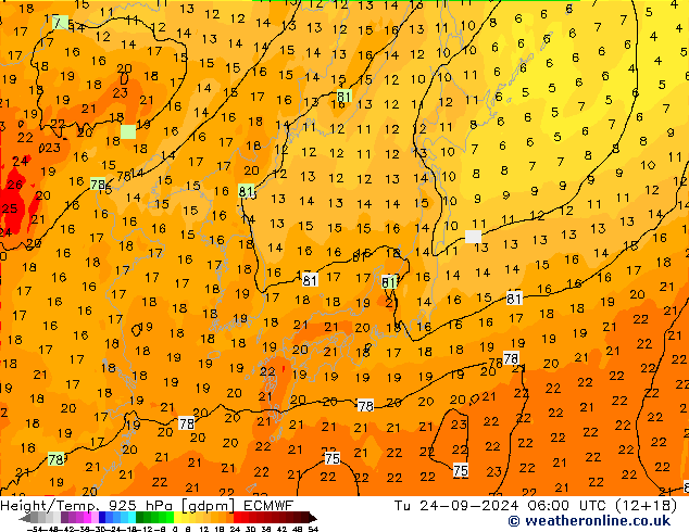 Height/Temp. 925 гПа ECMWF вт 24.09.2024 06 UTC