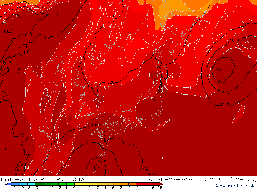 Theta-W 850hPa ECMWF so. 28.09.2024 18 UTC