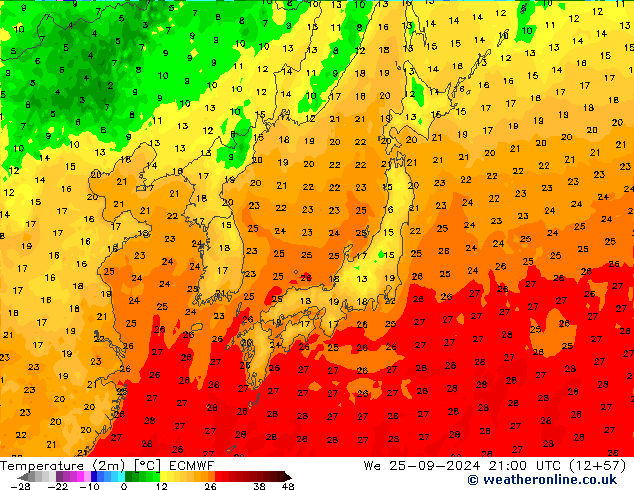 Temperatura (2m) ECMWF Qua 25.09.2024 21 UTC