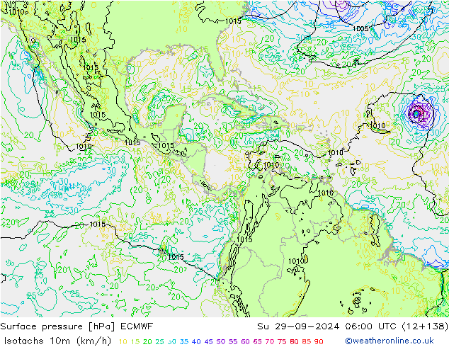 Isotachs (kph) ECMWF Su 29.09.2024 06 UTC