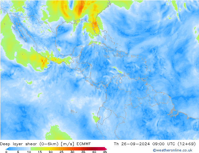 Deep layer shear (0-6km) ECMWF Th 26.09.2024 09 UTC