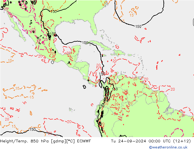 Height/Temp. 850 hPa ECMWF Út 24.09.2024 00 UTC