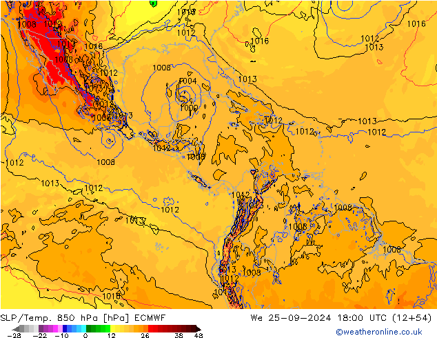 SLP/Temp. 850 hPa ECMWF śro. 25.09.2024 18 UTC