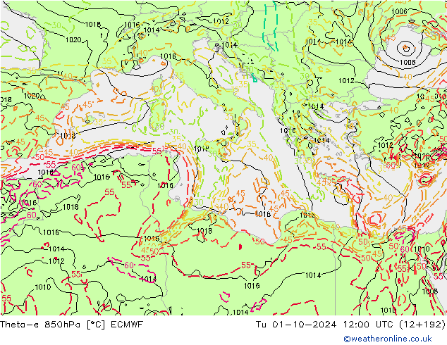 Theta-e 850гПа ECMWF вт 01.10.2024 12 UTC