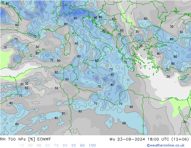 RH 700 hPa ECMWF Po 23.09.2024 18 UTC