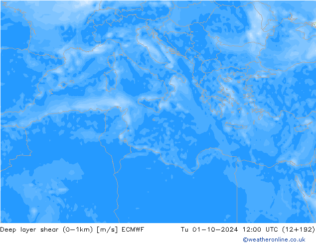 Deep layer shear (0-1km) ECMWF Di 01.10.2024 12 UTC